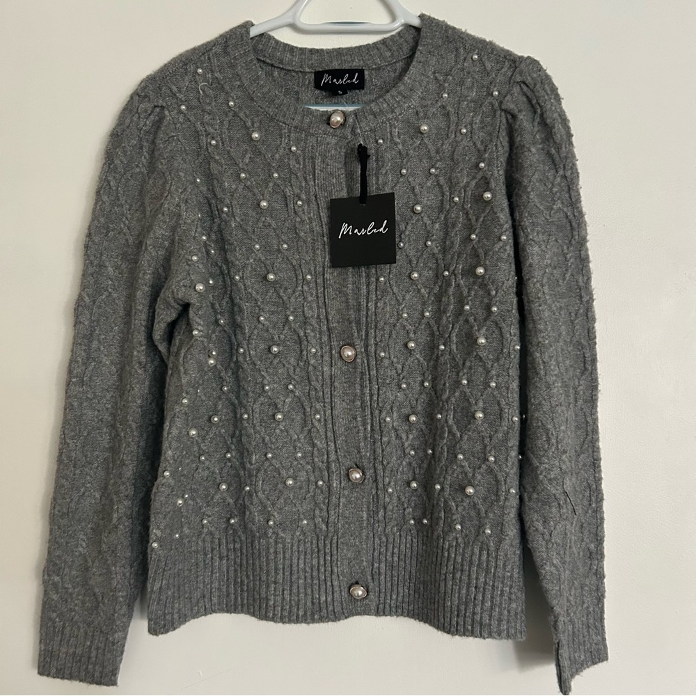Marled Gray Women's Cardigan Sweater Pearl Details Small Coquette Feminine - Picture 2 of 7
